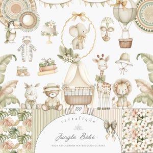 Puede incluir: Conjunto de imágenes prediseñadas de acuarela con temática de bebé de la jungla. Incluye ilustraciones de una cuna, un elefante, una jirafa, un león y otros animales. El conjunto también presenta elementos decorativos como un globo aerostático, una máscara tribal y patrones florales. El texto "Jungle Bébé" es visible.