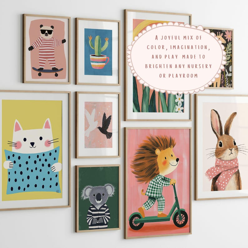 May include: A collection of framed art prints featuring whimsical animal illustrations. The prints include a panda on a skateboard, a cat with a pillow, a lion on a scooter, and a rabbit with a scarf. Text reads: A joyful mix of color, imagination, and play made to brighten any nursery or playroom.