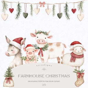 Clipart ferme de Noël animaux fantaisistes mignons pays rustique vacances festives Bundle usage commercial mouton cochon chèvre âne vache avec bonnet de Noel