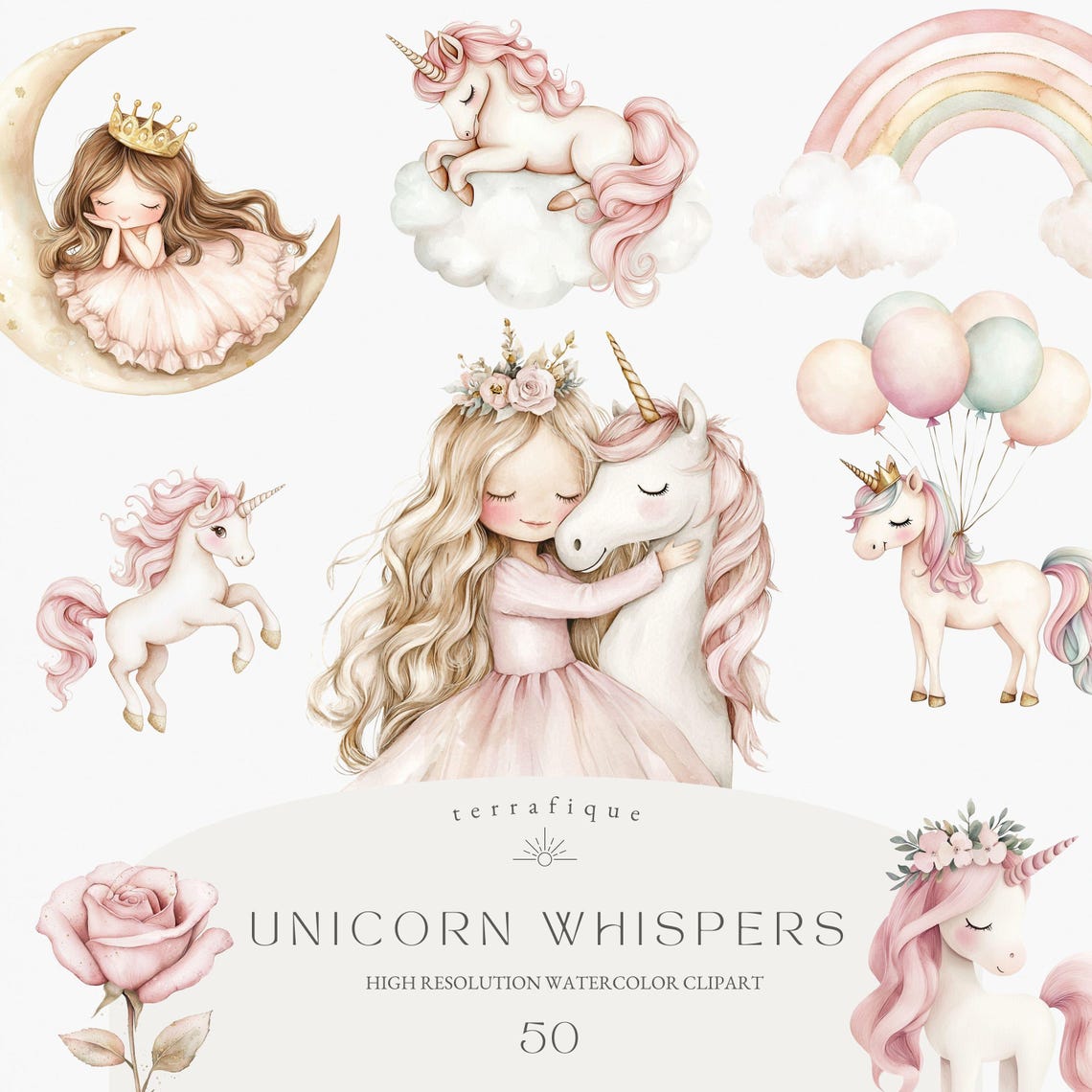 Princess & Unicorn Clipart: Pink Gold Fantasy Graphics (PNG) - Etsy