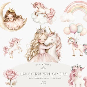 Unicorni e principesse Clipart carini Palloncini rosa e oro Unicorno bambino PNG Compleanno Pastello Floreale Fantasia Magico Uso commerciale Clipart