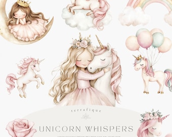Princess & Unicorn Clipart: Pink Gold Fantasy Graphics (PNG)