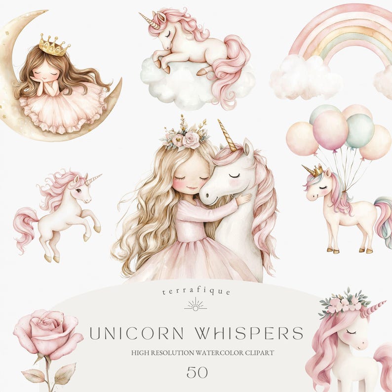 Princess & Unicorn Clipart: Pink Gold Fantasy Graphics (PNG) - Etsy