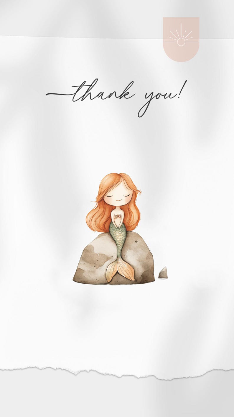 Puede incluir: Una ilustraci&oacute;n de acuarela de una sirena sentada en una roca. La sirena tiene el pelo largo y rojo, una cola verde y lleva un sujetador de concha. El fondo es blanco con un sol rosa claro en la esquina superior derecha. El texto "thank you!" est&aacute; escrito en cursiva negra debajo del sol.