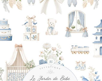 French Nursery Clipart: Blue Chinoiserie, Vintage Grandmillennial Baby Shower Graphics (PNG Commercial Use)