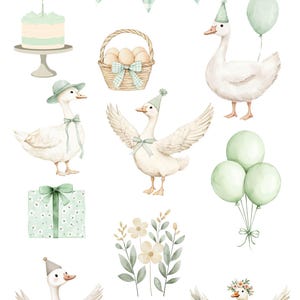 May include: Watercolor clipart set featuring a variety of cute geese in party hats, a basket of eggs, a cake, balloons, and a floral arrangement.  The geese are white with green accents and are perfect for adding a whimsical touch to your projects.