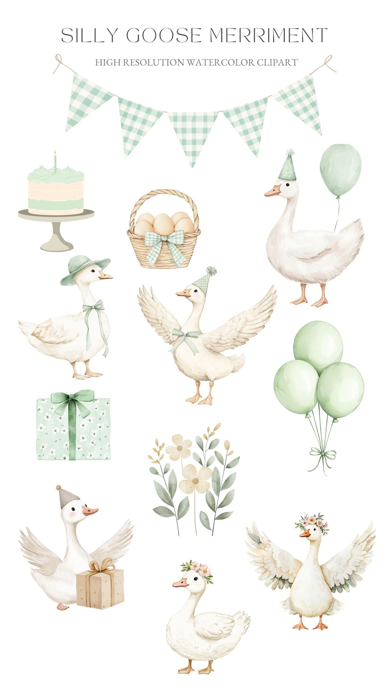 May include: Watercolor clipart set featuring a variety of cute geese in party hats, a basket of eggs, a cake, balloons, and a floral arrangement.  The geese are white with green accents and are perfect for adding a whimsical touch to your projects.