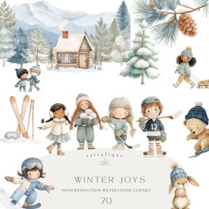 May include: A watercolour illustration depicting winter scenes with children. The image includes a cabin, snow-covered trees, children skiing, playing hockey, and sledding. The text "Winter Joys" is also present.