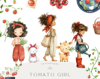 Clipart tomaatmeisje: grillige aquarel Italiaanse zomer, png (digitale download)