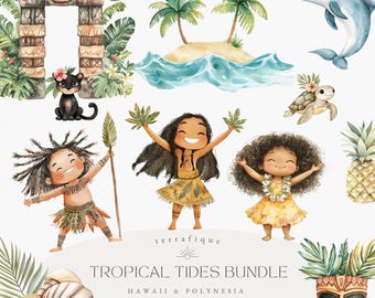 May include: Watercolor clipart bundle featuring tropical island scenes, animals, and people. Includes a tiki hut, palm trees, a dolphin, a turtle, a pineapple, and two children in traditional Hawaiian clothing. The text "Tropical Tides Bundle" is written in a decorative font.