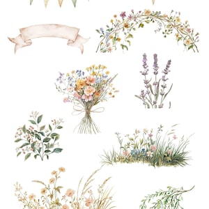 May include: Watercolour clipart set featuring a banner, floral garland, bouquet of wildflowers, lavender, and various green foliage arrangements. The set is titled "Bunny Tales" and is described as "High Resolution Watercolour Clipart".
