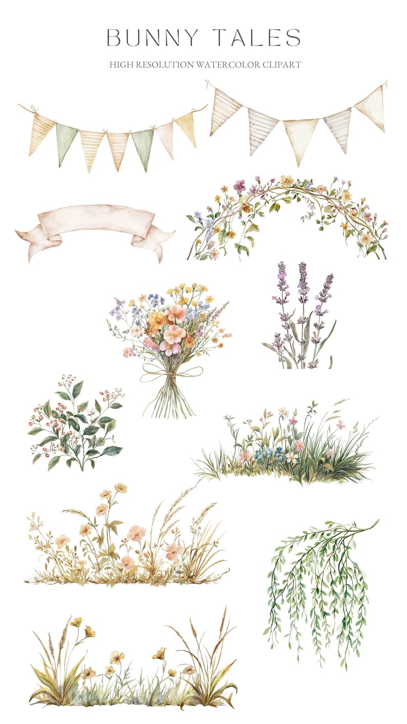 May include: Watercolour clipart set featuring a banner, floral garland, bouquet of wildflowers, lavender, and various green foliage arrangements. The set is titled "Bunny Tales" and is described as "High Resolution Watercolour Clipart".