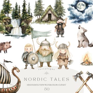 Clipart vichingo, carino, stravagante, acquerello, mitologia nordica, guerriero scandinavo, nave vichinga, elmo, invito di compleanno, asilo nido, uso commerciale
