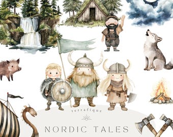 Watercolor Viking Clipart Set: Nordic Mythology Graphics (Digital Download)