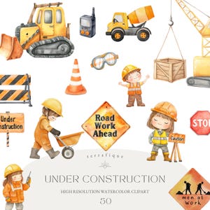 Clipart aquarelle construction véhicules bulldozer excavatrice camion outils signes construction garçon construction anniversaire pépinière usage commercial