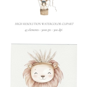 May include: Watercolor illustration of a cute lion with a crown of feathers. The lion is sitting on a white background.