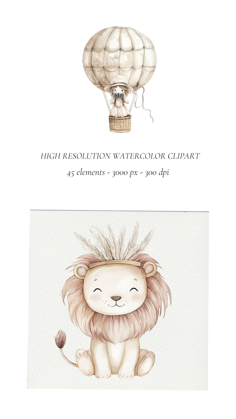 May include: Watercolor illustration of a cute lion with a crown of feathers. The lion is sitting on a white background.