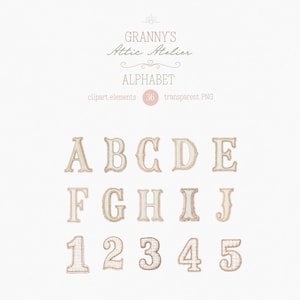 Può includere: Una collezione di elementi di clip art di alfabeto e numeri. Le lettere dalla A alla J e i numeri da 1 a 5 sono visualizzati in uno stile vintage con una combinazione di colori beige e marrone chiaro. È visibile anche il testo "Granny's Attic Atelier" e "Alphabet".