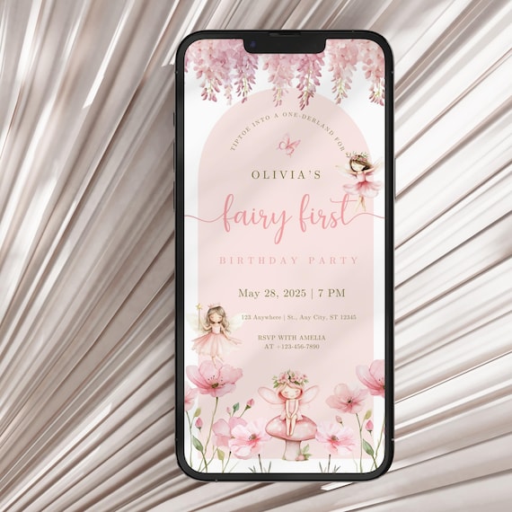 Fairy First Birthday Animated Invitation: Pink Boho Fairy Garden Digital Invite Editable Canva Template