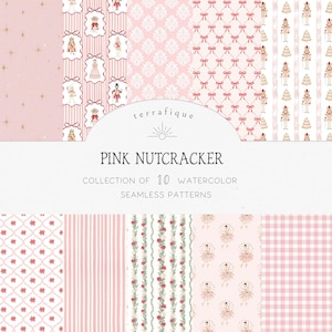 Op de afbeelding: Een digitale collectie van 10 naadloze aquarelpatronen getiteld PINK NUTCRACKER door terrafique. De patronen bevatten roze en witte ontwerpen met notenkrakers, ballerina's, strikken, strepen, vichy-ruitjes en bloemenslingers op diverse achtergronden.