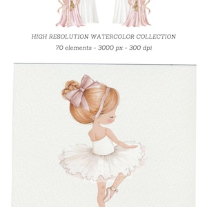 May include: Watercolor illustration featuring a ballerina in a white tutu and ballet shoes. The image also includes a set of pink curtains with gold accents. Text reads: HIGH RESOLUTION WATERCOLOR COLLECTION, 70 elements - 3000 px - 300 dpi.