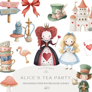 Clipart de Alicia en el País de las Maravillas: Fiesta del Té en Acuarela PNG (Uso Comercial)
