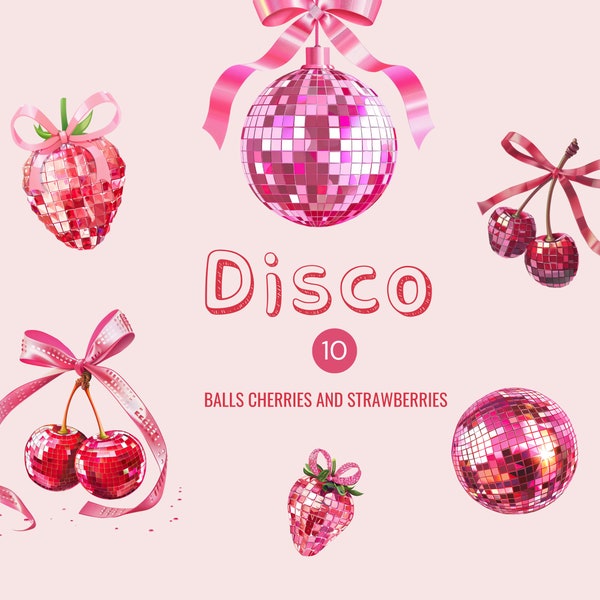 Disco Ball Cherry Trendy Clipart Pink Coquette Bows Cherries Strawberries Clipart PNG Sublimation Files Coastal Cowgirl