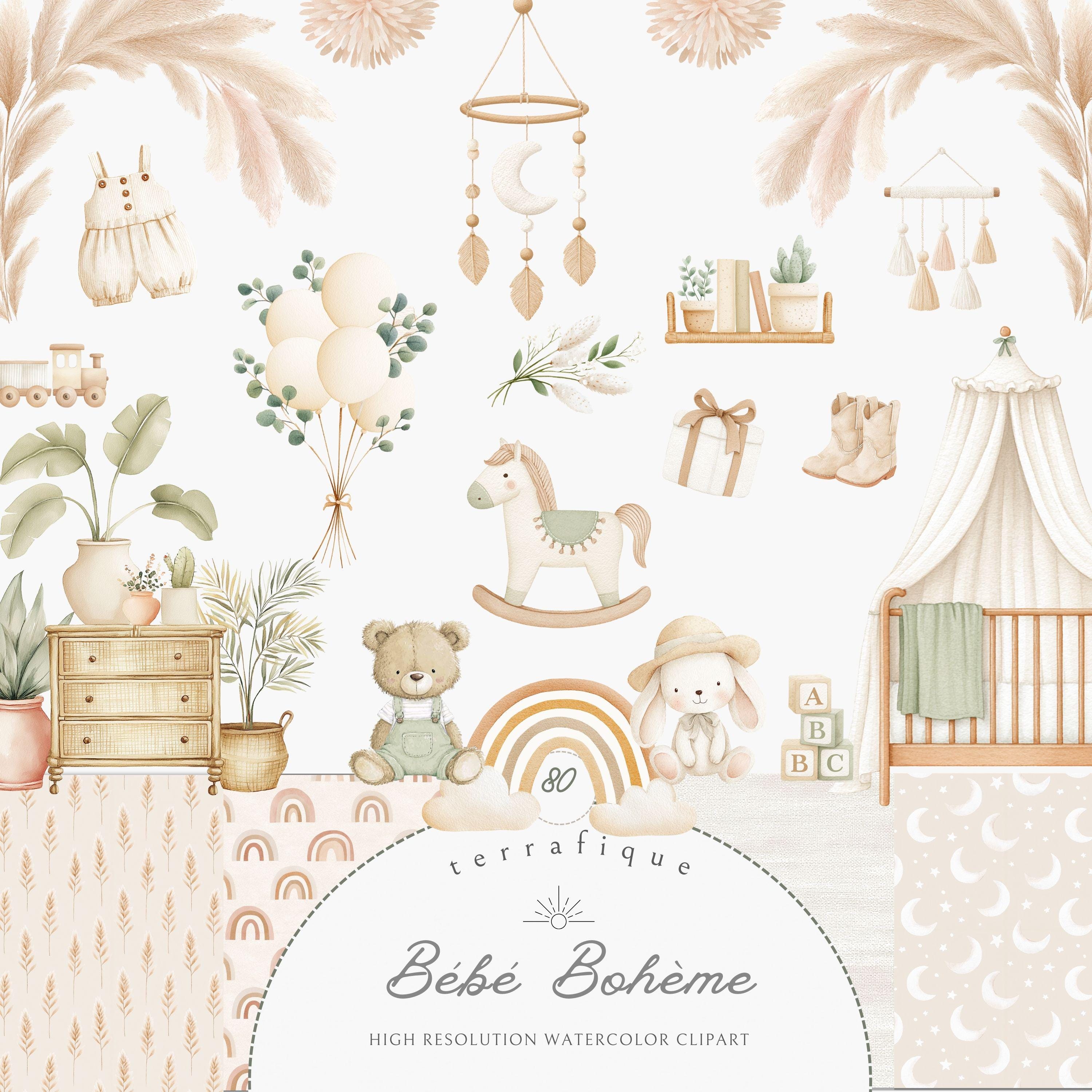 Boho Nursery Clipart Watercolor Gender Neutral Baby Shower Seamless ...