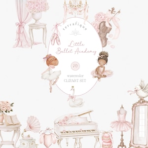 May include: Watercolor clipart set featuring ballet-themed illustrations. Includes ballerinas, a swan, a piano, a violin, and other decorative elements in soft pink and white tones. The text reads "Little Ballet Academy" and "watercolor CLIPART SET".
