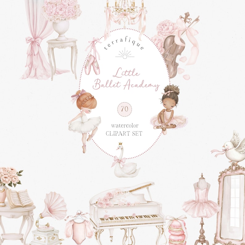 May include: Watercolor clipart set featuring ballet-themed illustrations. Includes ballerinas, a swan, a piano, a violin, and other decorative elements in soft pink and white tones. The text reads "Little Ballet Academy" and "watercolor CLIPART SET".