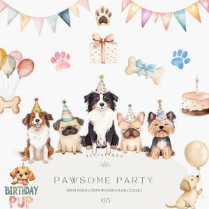Cute Dogs Clipart Birthday Party Watercolor Pastel Cartoon Puppy Breeds Bundle PNG Sublimation Birthday Invitations Commercial Use Clipart