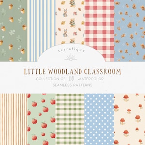 Può includere: Una collezione digitale di 10 motivi acquerello senza cuciture intitolata Little Woodland Classroom di terrafique. I design presentano ghiande, strisce blu, orsi, quadretti rossi, foglie autunnali, strisce marroni, mele, quadretti verdi, pois blu e funghi.