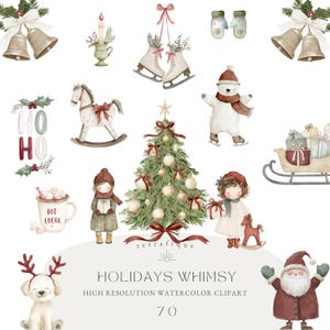 Può includere: Illustrazione ad acquerello a tema festivo. Include un albero di Natale, pattini da ghiaccio, campane, un orso polare, un cavallo a dondolo, un cane con le corna e una figura di Babbo Natale. Il testo recita "Holidays Whimsy" e "High Resolution Watercolor Clipart".