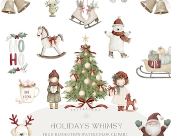 Imágenes prediseñadas navideñas vintage, juguetes de Papá Noel en acuarela y vegetación PNG, gráficos navideños retro y caprichosos, decoración navideña nostálgica para guardería, uso comercial.