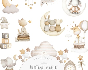 Watercolor Sleepy Animals Clipart, Vintage Nursery, Commercial Use PNG