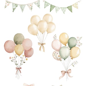 Puede incluir: Conjunto de clipart de acuarela con globos de colores pastel, cestas llenas de huevos de Pascua y banderines con motivos florales. El conjunto es perfecto para agregar un toque de fantas&iacute;a a tus manualidades y proyectos de Pascua.