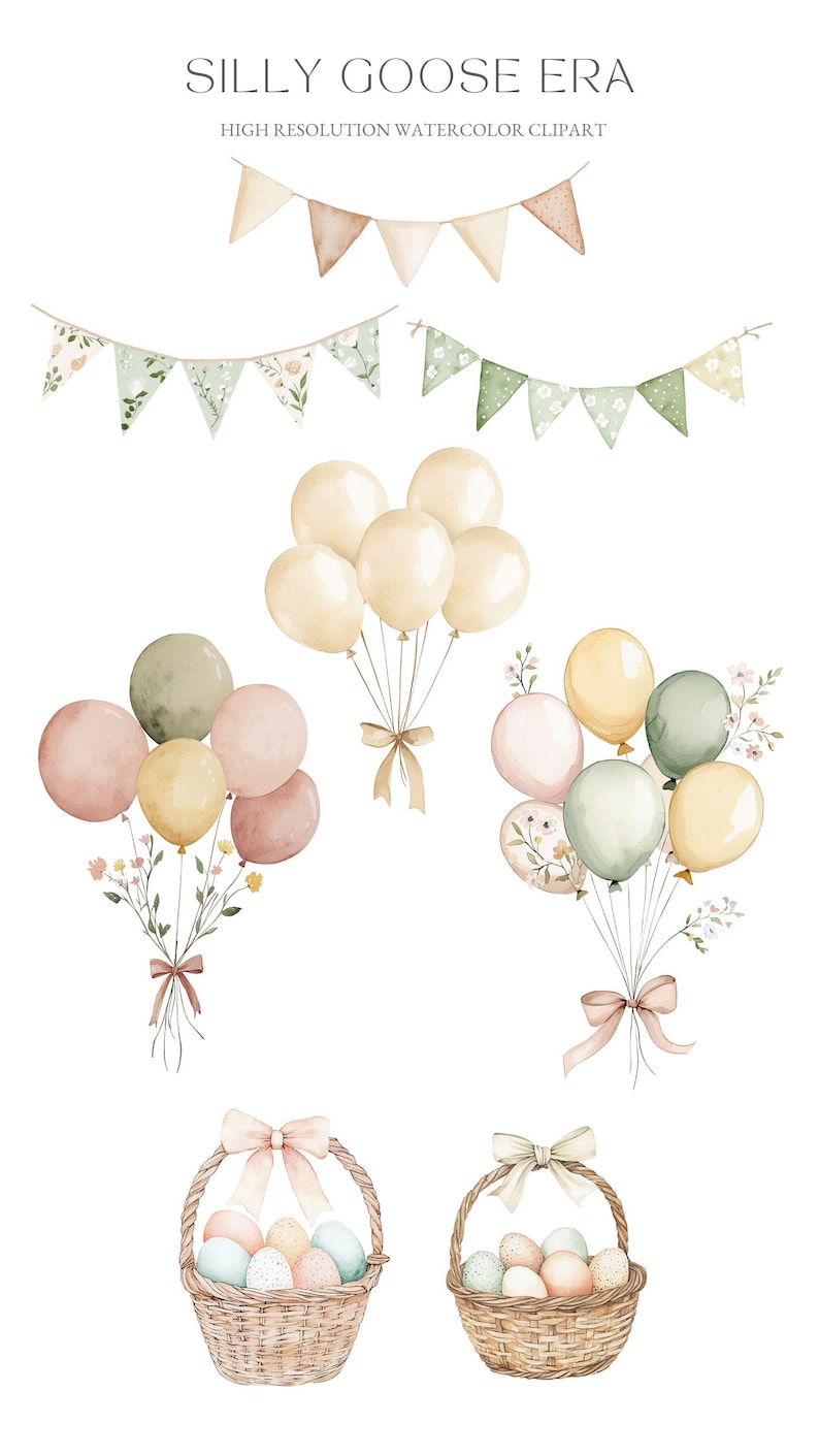 Puede incluir: Conjunto de clipart de acuarela con globos de colores pastel, cestas llenas de huevos de Pascua y banderines con motivos florales. El conjunto es perfecto para agregar un toque de fantas&iacute;a a tus manualidades y proyectos de Pascua.