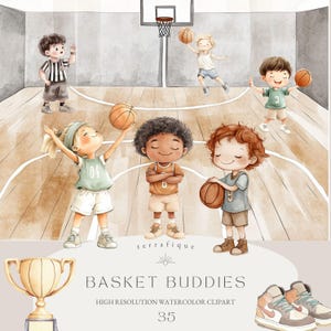 Clipart de basket-ball mignon aquarelle enfants joueurs activité sportive anniversaire Invitation baby shower Clipart usage commercial
