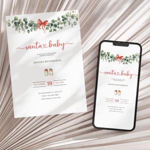Plantilla editable de Canva para invitaciones de baby shower de Papá Noel, invitación digital navideña y tarjeta imprimible, lazo minimalista con zapatos de bebé rojos y verdes