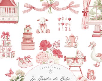 Puede incluir: Conjunto de imágenes prediseñadas de acuarela con ilustraciones temáticas de bebés en tonos rosa y blanco. Incluye una cuna, flores, un cordero, cajas apiladas, un juego de té, un cochecito y mariposas. El texto dice "Le Jardin de Bébé pink edition".