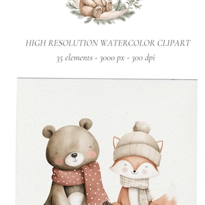 Puede incluir: Clipart de acuarela con un oso sentado en una luna creciente y dos criaturas del bosque. El oso y el zorro llevan bufandas y sombreros. Tambi&eacute;n est&aacute; presente el texto "HIGH RESOLUTION WATERCOLOR CLIPART".