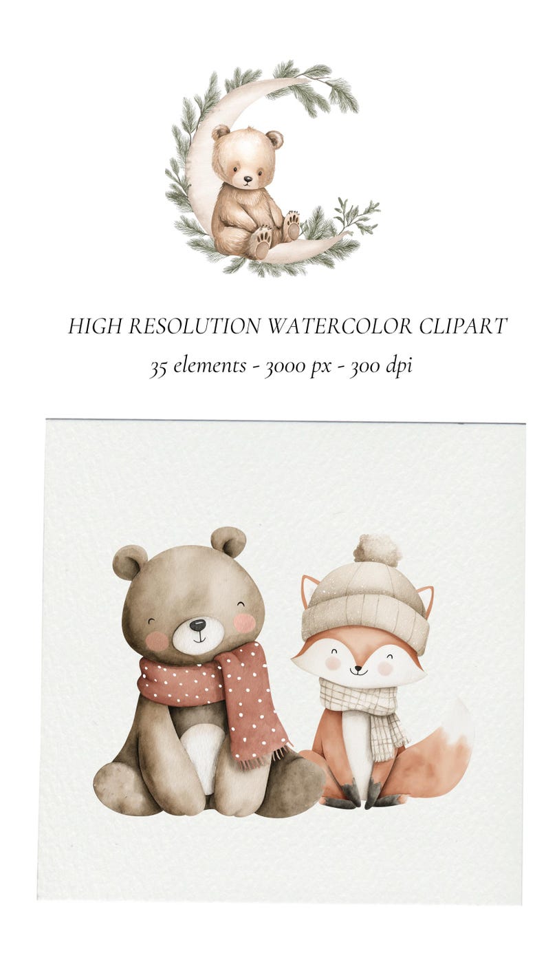 Puede incluir: Clipart de acuarela con un oso sentado en una luna creciente y dos criaturas del bosque. El oso y el zorro llevan bufandas y sombreros. Tambi&eacute;n est&aacute; presente el texto "HIGH RESOLUTION WATERCOLOR CLIPART".