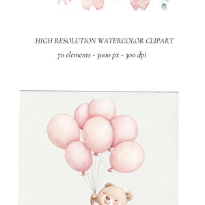 May include: A watercolor illustration of a brown teddy bear holding pink balloons. The bear is wearing a pink bow. The balloons are floating in the air.