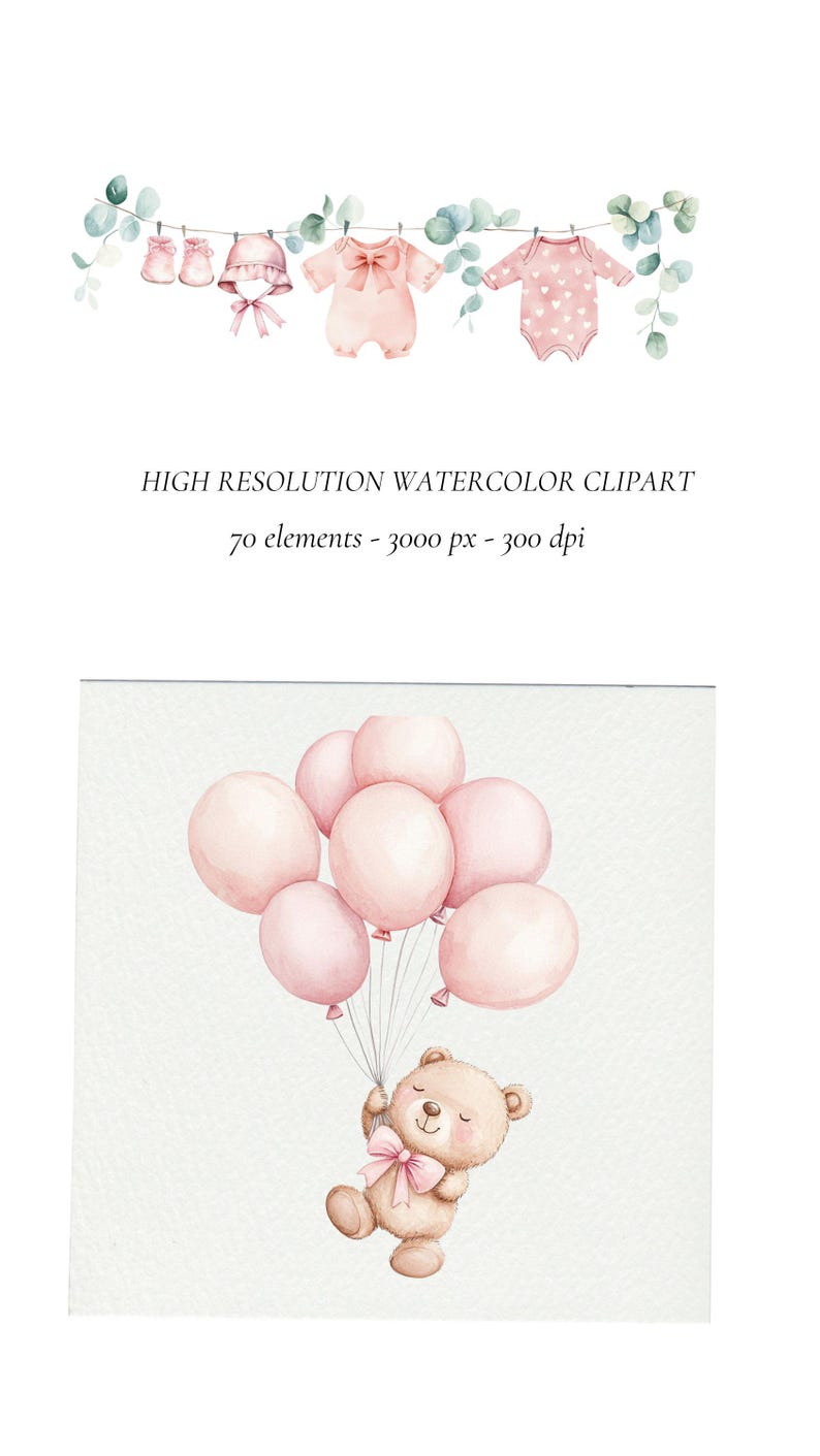 May include: A watercolor illustration of a brown teddy bear holding pink balloons. The bear is wearing a pink bow. The balloons are floating in the air.