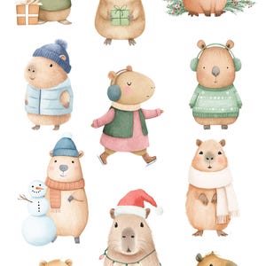 May include: Watercolor clipart featuring capybaras in winter attire. The image includes capybaras wearing hats, scarves, sweaters, and earmuffs. Some capybaras are holding gifts, and one is ice skating. The text "CAPYBARA WINTER" is at the top.