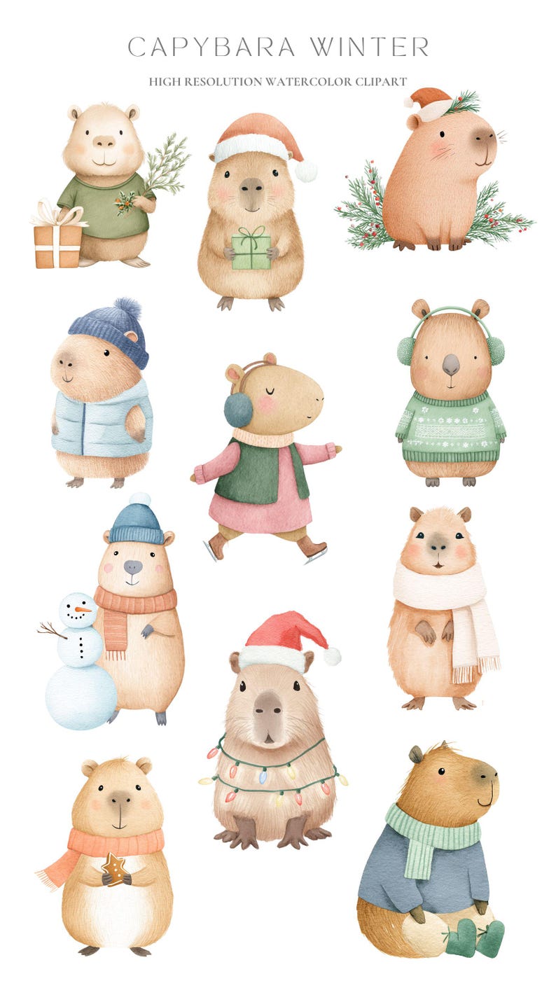 May include: Watercolor clipart featuring capybaras in winter attire. The image includes capybaras wearing hats, scarves, sweaters, and earmuffs. Some capybaras are holding gifts, and one is ice skating. The text "CAPYBARA WINTER" is at the top.