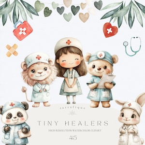 Lindos animales de enfermera Clipart Médico Salud Doctor Hospital Enfermera Gráficos Medicina Elementos PNG Uso comercial Clipart Venta ilimitada