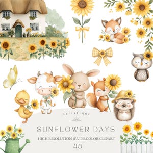 Könnte beinhalten: Aquarell-Clipart-Set mit einem Cottage, Sonnenblumen und niedlichen Tierillustrationen. Enthält einen Fuchs, eine Eule, ein Kaninchen, ein Eichhörnchen, eine Ente, eine Kuh und einen Igel, alle mit Sonnenblumen. Der Text lautet "SUNFLOWER DAYS".