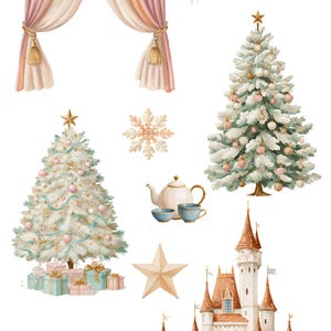 K&ouml;nnte beinhalten: Aquarell-Clipart-Set mit Weihnachtsmotiv. Enth&auml;lt einen geschm&uuml;ckten Weihnachtsbaum, ein Schloss, einen Sternschnuppen, einen Schneeflocke, eine Teekanne mit Tassen, einen Stern, einen Wirbel und einen Vorhang. Der Text "THE NUTCRACKER" und "HIGH RESOLUTION WATERCOLOR CLIPART" steht oben.