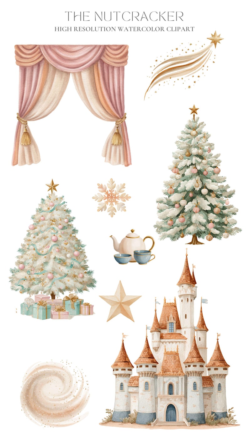 K&ouml;nnte beinhalten: Aquarell-Clipart-Set mit Weihnachtsmotiv. Enth&auml;lt einen geschm&uuml;ckten Weihnachtsbaum, ein Schloss, einen Sternschnuppen, einen Schneeflocke, eine Teekanne mit Tassen, einen Stern, einen Wirbel und einen Vorhang. Der Text "THE NUTCRACKER" und "HIGH RESOLUTION WATERCOLOR CLIPART" steht oben.